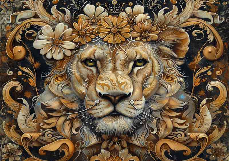 Details of a Lion with a flowery crown | Metal Poster