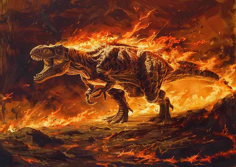 Dinosaur standing in the middle of fire | Metal Poster
