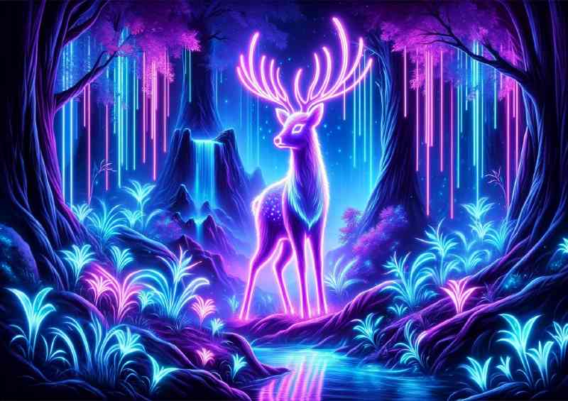 Glowing neon Deer its antlers radiating a soft purple light | Metal Poster