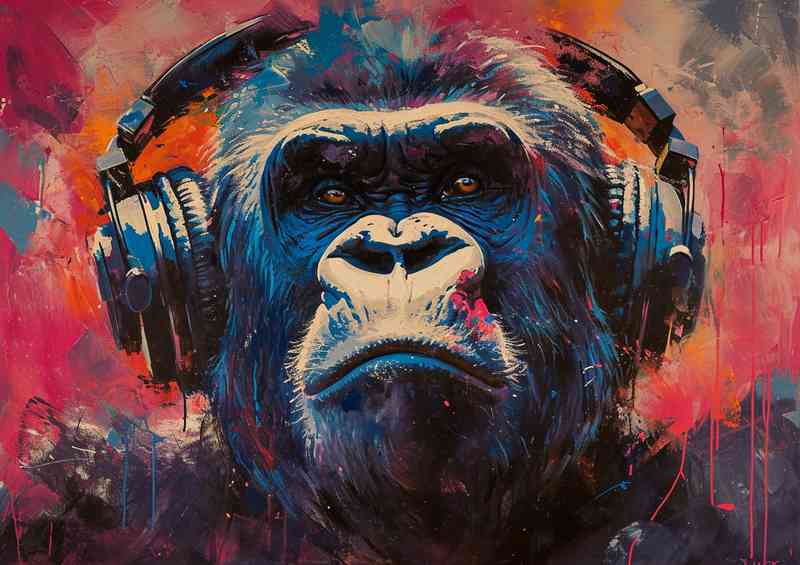 Gorilla wearing headphones deep in thought | Metal Poster