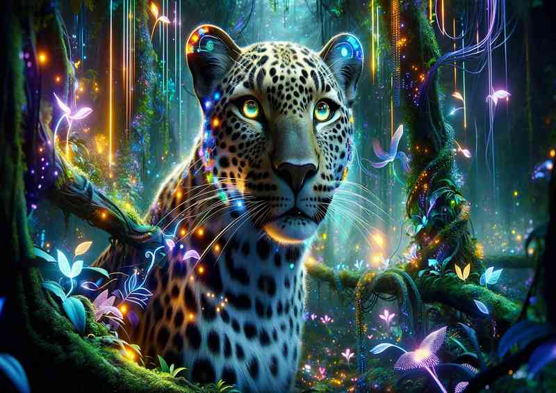 Leopard set in a vibrant futuristic jungle | Metal Poster