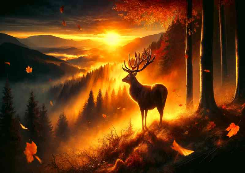 Majestic stag its antlers aglow with golden light standing at the edge | Metal Poster