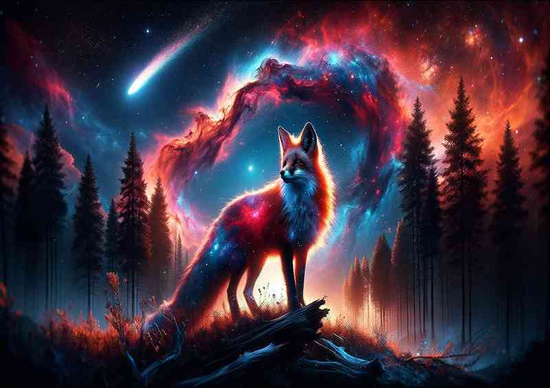Mysterious Fox its fur a cosmic dance of vivid reds and ethereal blues | Metal Poster