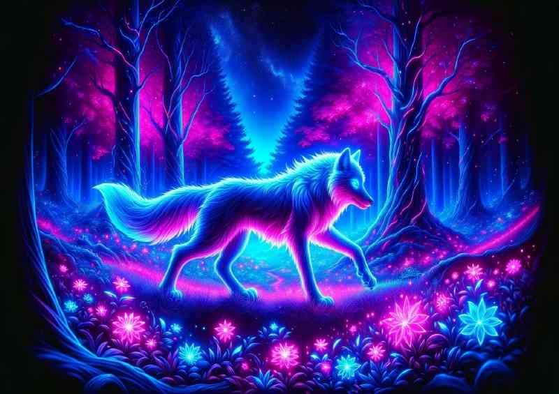 Mystical neon wolf its fur outlined in glowing blue | Metal Poster