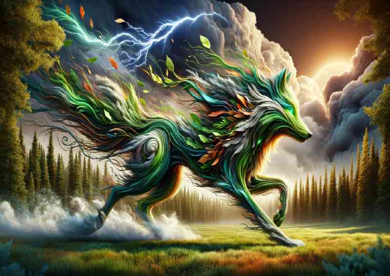 Mythical Wolf made of swirling wind and leaves racing across a forest | Metal Poster