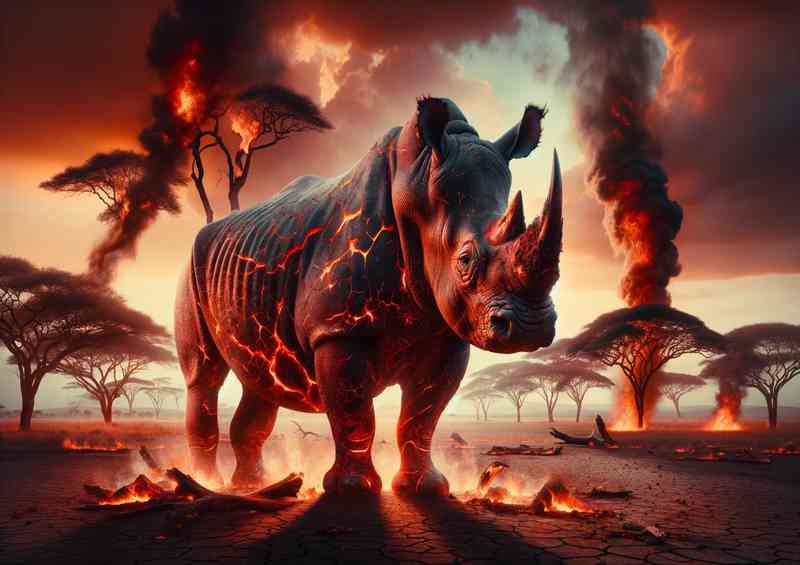 Powerful Rhinoceros its skin a tapestry of fiery lava cracks | Metal Poster