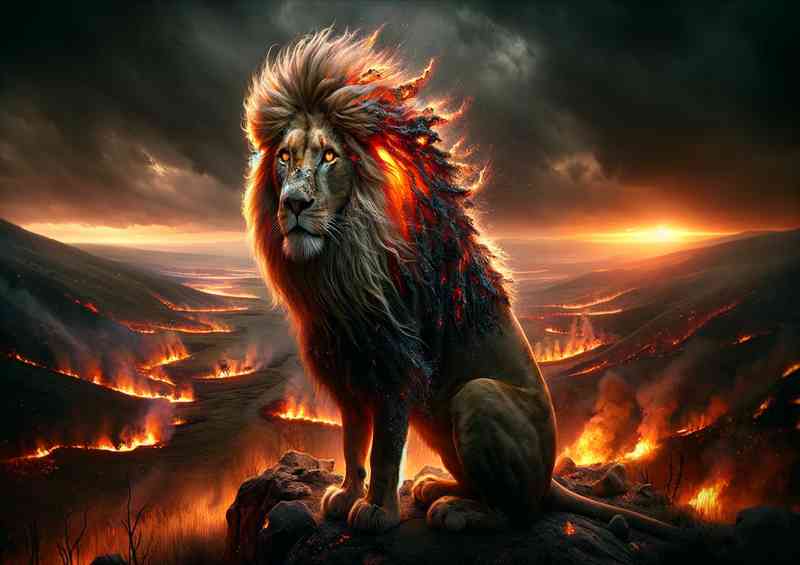 Regal Lion its mane a cascade of glowing embers | Metal Poster