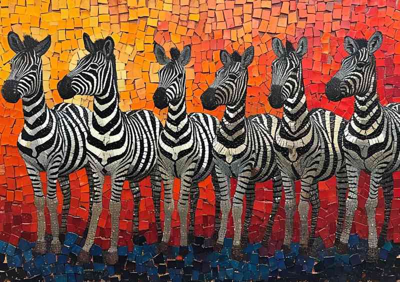 Six zebras standing abstract | Metal Poster