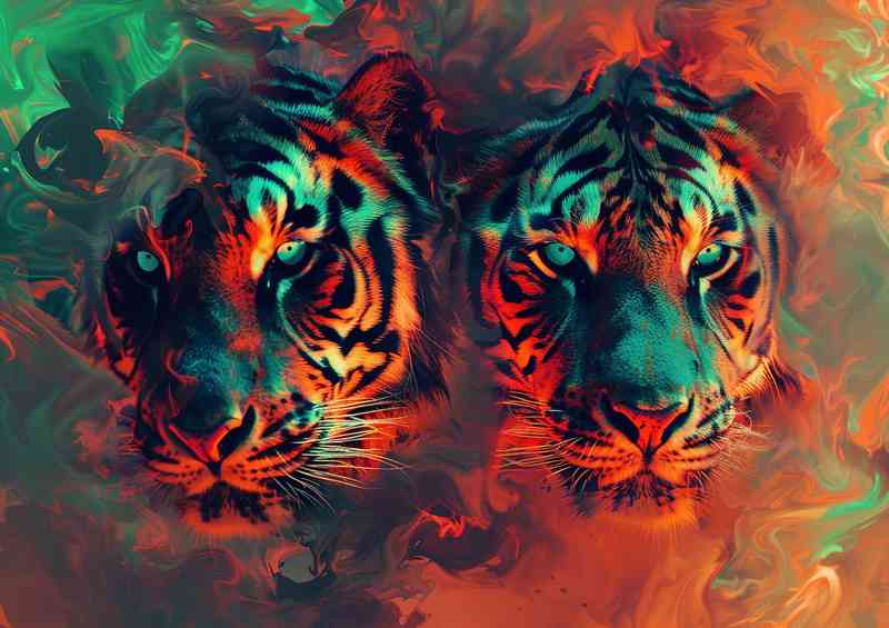 Two Tigers in flames with blue eyes | Metal Poster