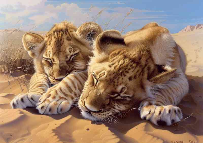 Two lion babies laying in the desert | Metal Poster