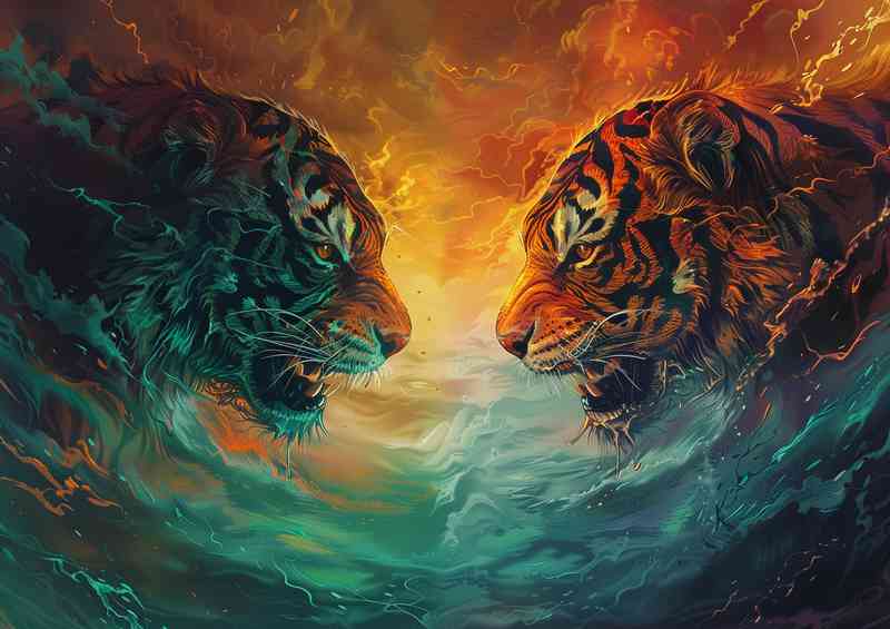 Two monster tigers facing each other in a storm | Metal Poster