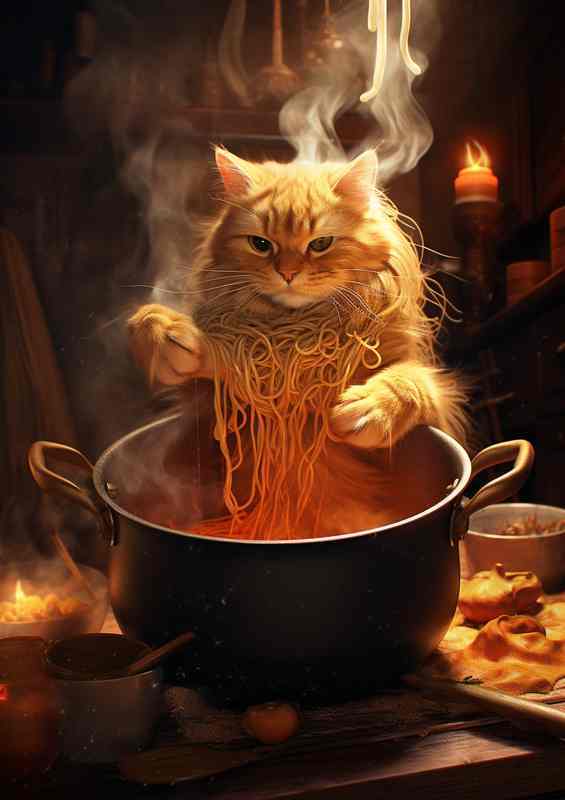 A Cat Is Cooking Pasta Whisker Whisking | Metal Poster