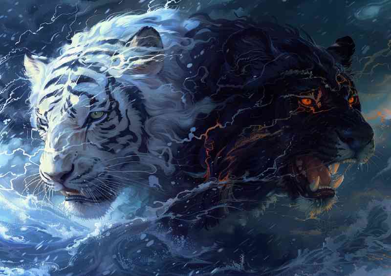 White Tiger and black Lion fierce storm | Metal Poster