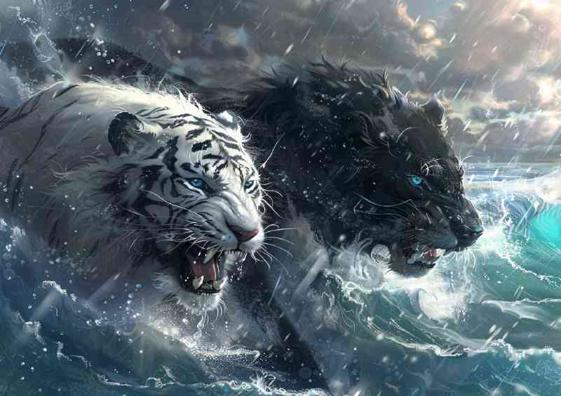 White Tiger and black Lion in water | Metal Poster