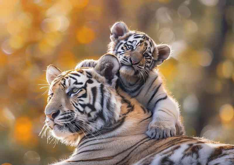 White Tiger cubs sitting on a big tigers shoulders | Metal Poster