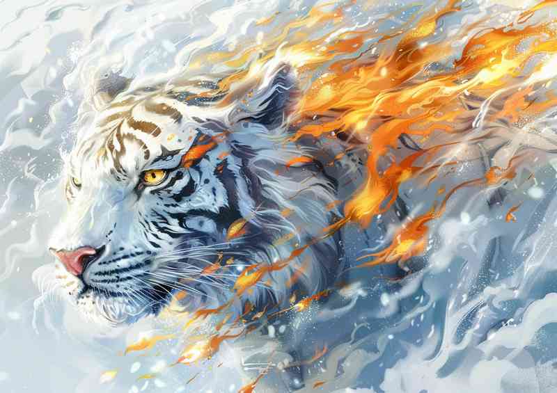 White tiger with flames fire and clouds in the sky | Metal Poster