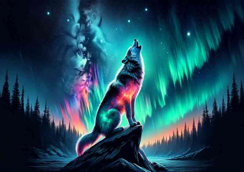 Wolf its fur a vibrant display of auroras and celestial bodies | Metal Poster