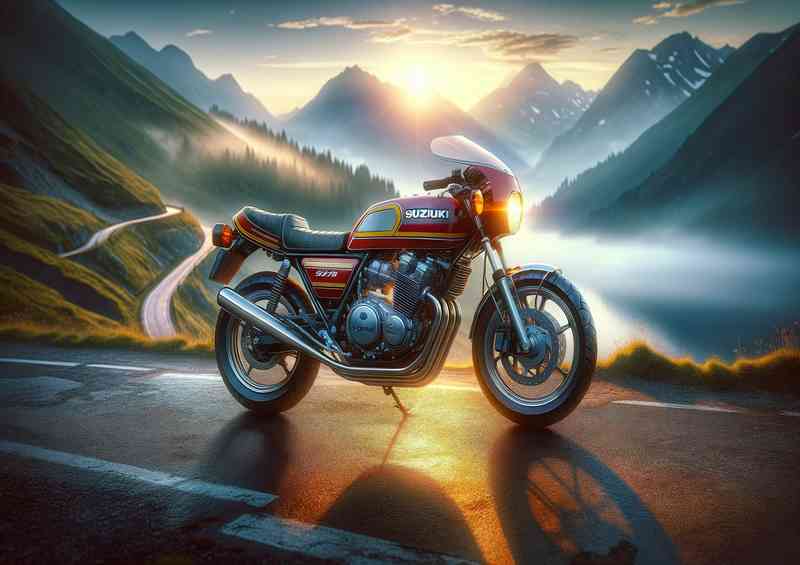 Suzuki 2 stroke motorcycle from the 1980s on the mountain road | Metal Poster