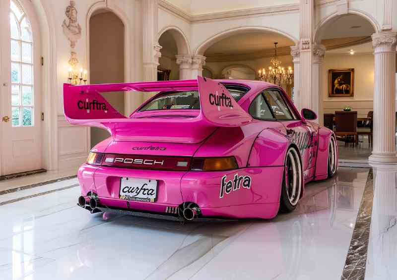 Backside of an all pink widebody Porsche | Metal Poster