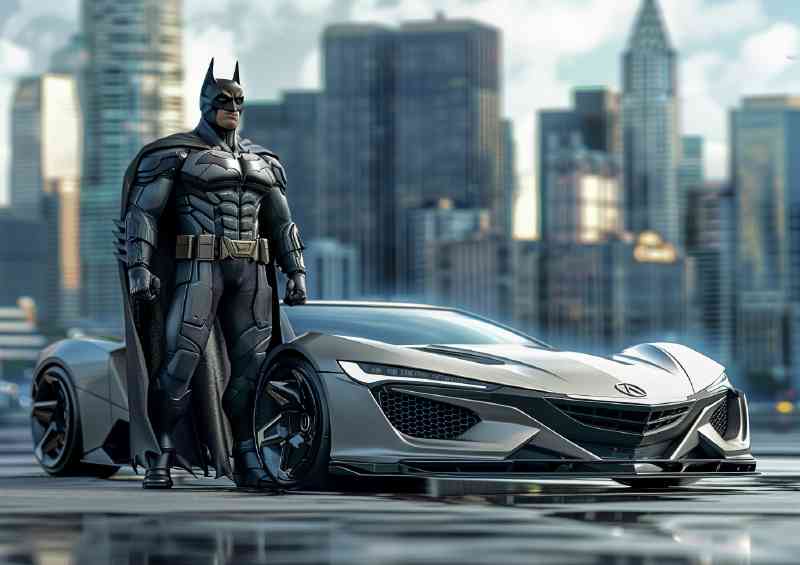 Batman_standing_next to the silver car | Metal Poster