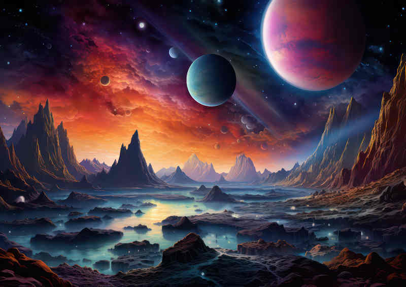 fantasy planets amist the mountains | Metal Poster