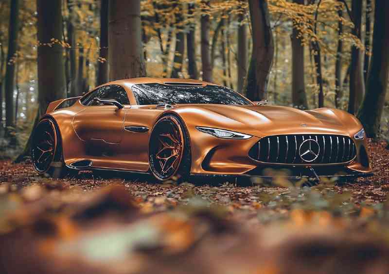 Bronze colored Mercedes AMG concept style car parked in woodland | Metal Poster