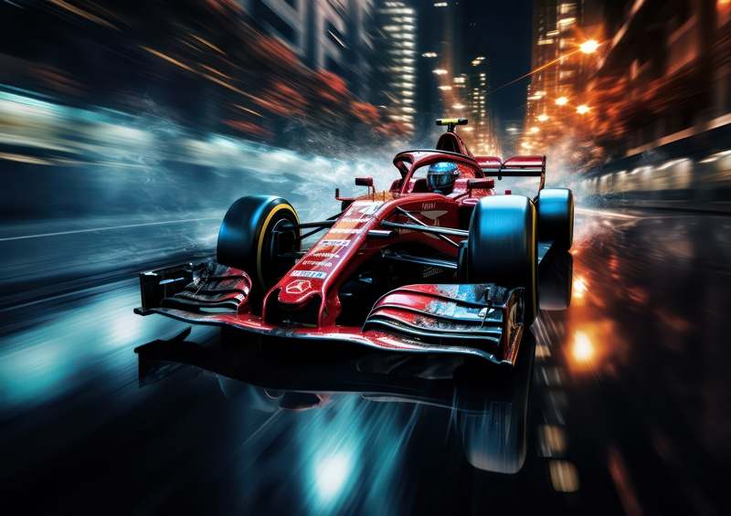 Fantasy formula one racing car driving at night | Metal Poster