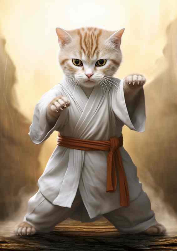 Martial Mews Cats in Karate Attire Ready for Action | Metal Poster