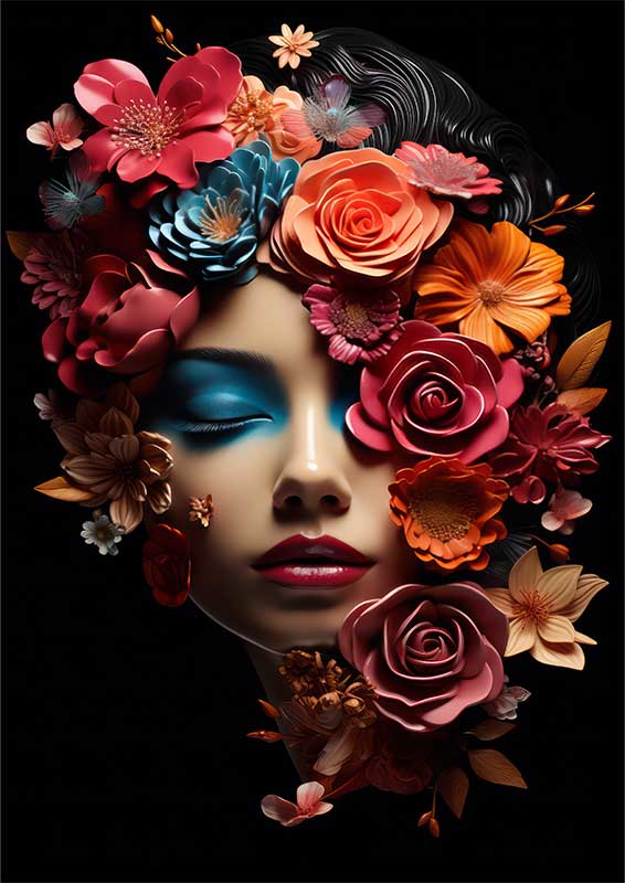 Whimsical Color Explosion flowers across the face | Metal Poster