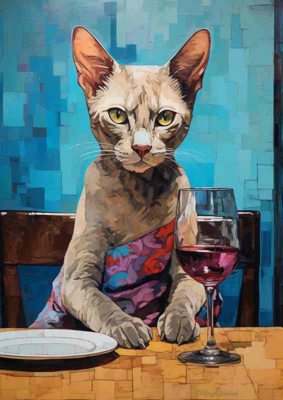 Sophisti Cat Feline Elegance with Wine Glass Art | Metal Poster