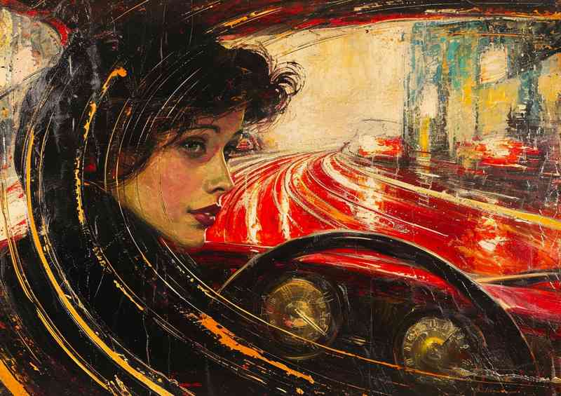 Painting of a woman driving a car | Metal Poster