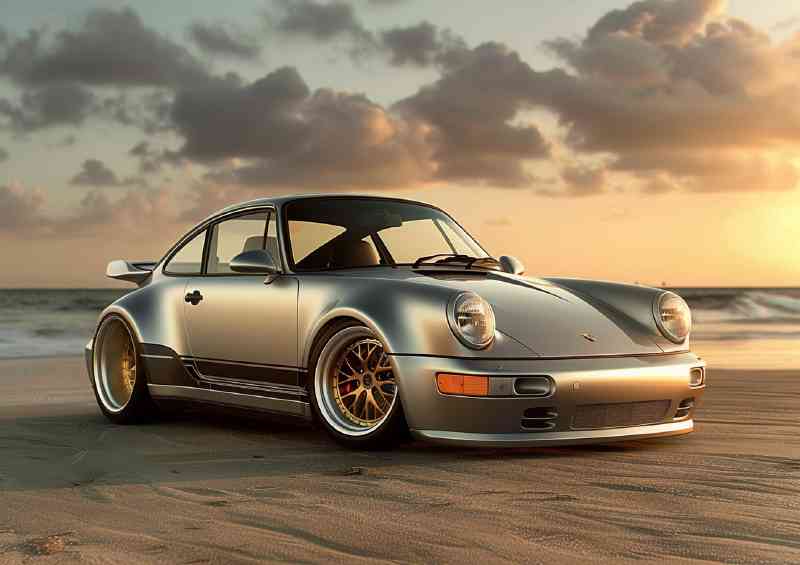 Porsche 964 beach at sunset gold wheels | Metal Poster