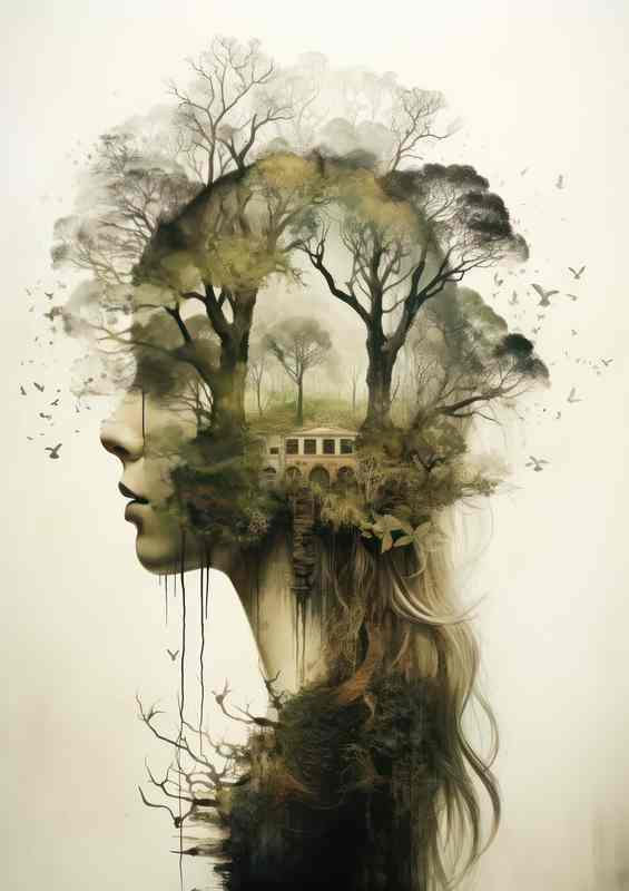 Artistic Forest and Wildlife Fusion Mixed Womans Head | Metal Poster