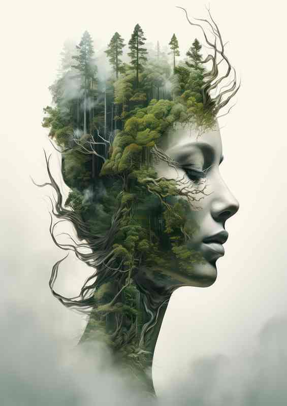 Beautiful Forest Double Exposure amd a womans head | Metal Poster