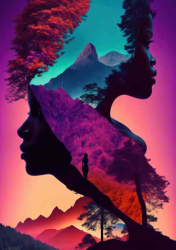 Creative a wommans profile with trees and mountains | Metal Poster