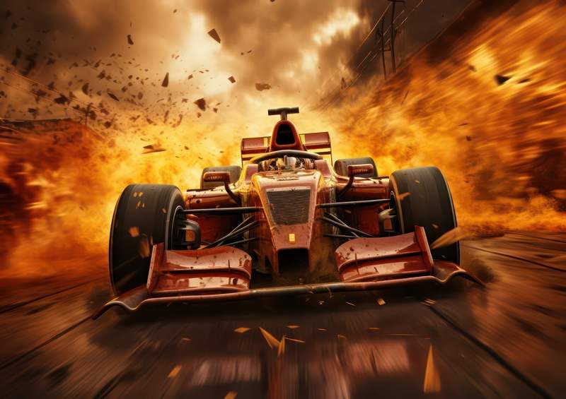 Red Formula one car driving through fire | Metal Poster