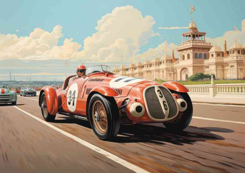 Vintage race car on a race track classic balance | Metal Poster