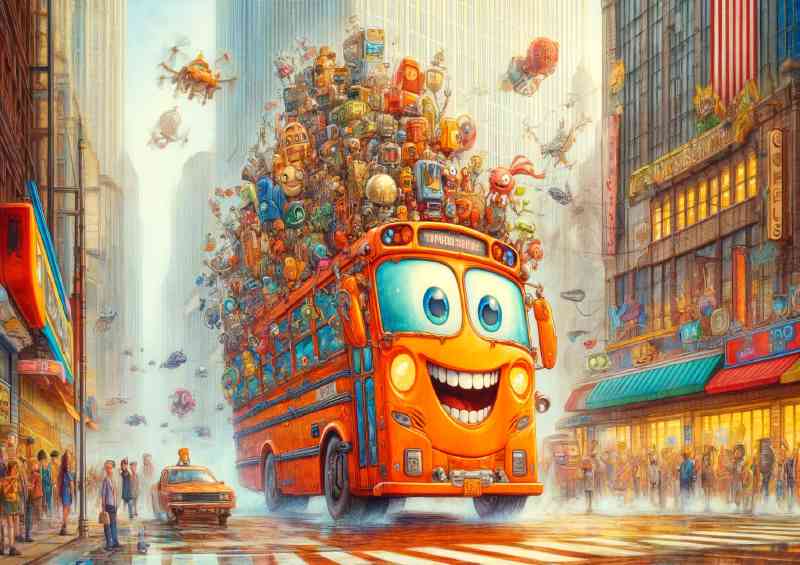 Whimsical bus bright orange grinning | Metal Poster