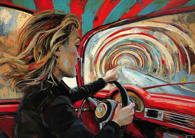 Woman driving through colourful tunnel | Metal Poster