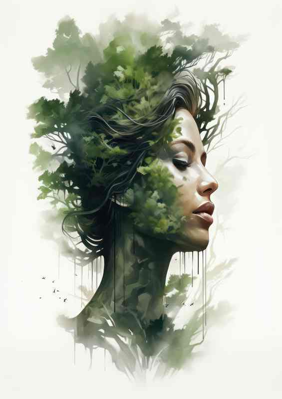 Dual Nature Expressive Ladys Head Exposure Forestscapes | Metal Poster