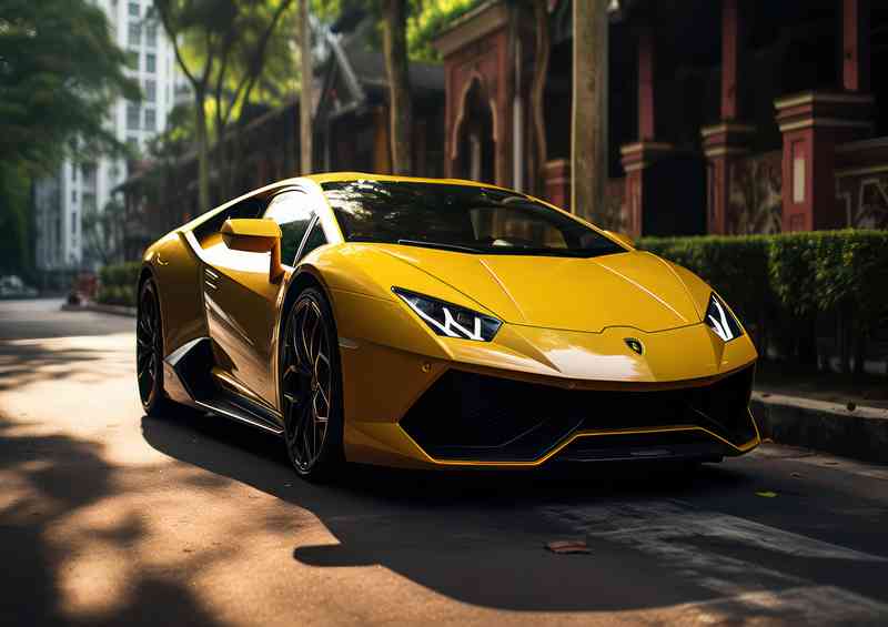 Yellow Lamborghini sports on the road | Metal Poster