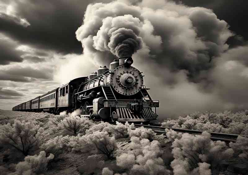 Train with smoke coming out of it and steam | Metal Poster