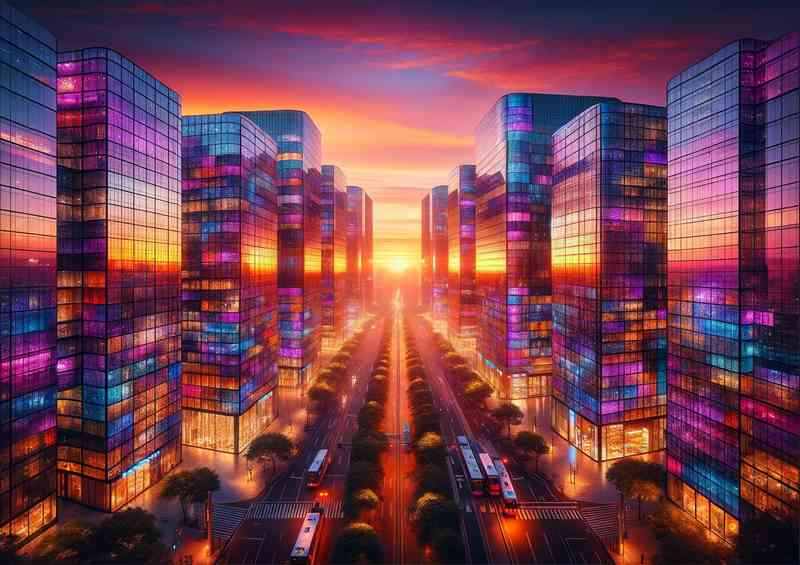 Cityscape at dawn where buildings made entirely of colorful | Metal Poster