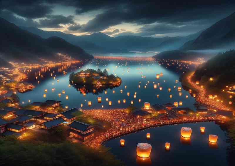 Tranquil beauty of a lantern festival on a mountain lake | Metal Poster