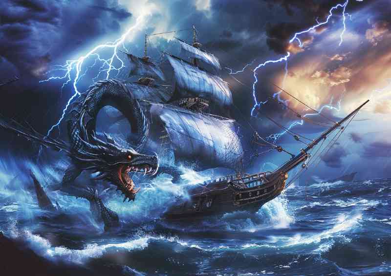 Dragon in the ocean attacking an old sailing Ship | Metal Poster