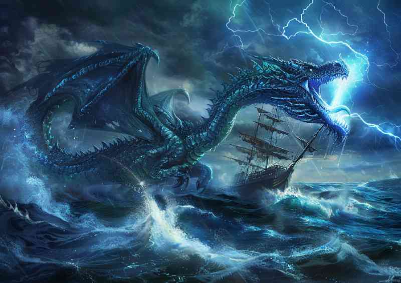 Dragon in the sea its body wrapped around an old sailing ship | Metal Poster