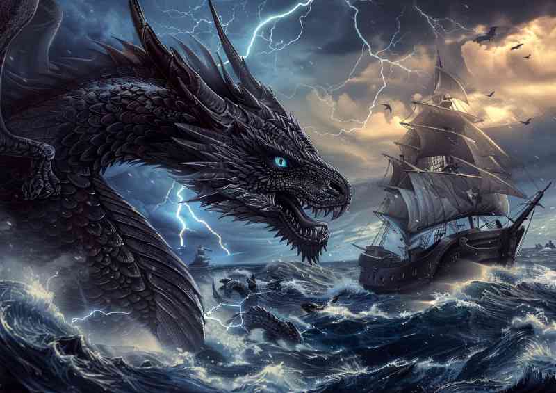 Dragon with blue eyes and black scales in the sea | Metal Poster