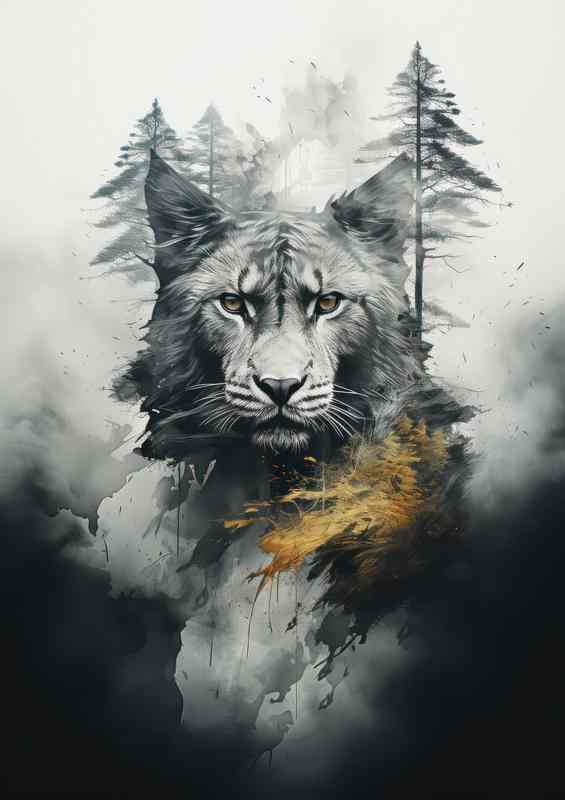 Natures Nebula Double Exposure Mountain Cat Art | Metal Poster