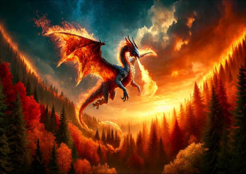 Dragon wrapped in flames soaring above a forest ablaze | Metal Poster