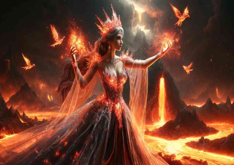 Enchantress clad in a fiery crystal with a volcanic eruption | Metal Poster